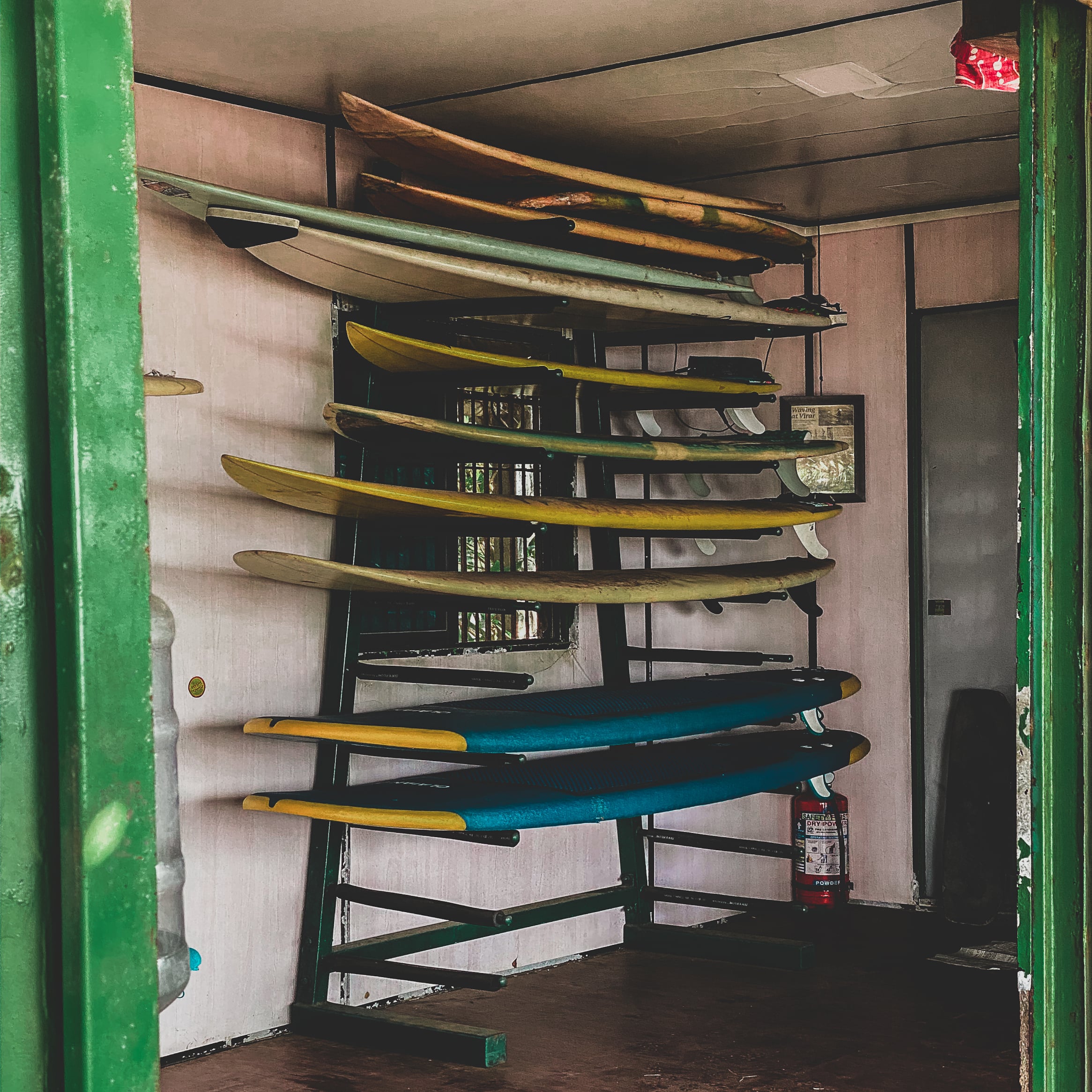 Surfing boards on surf racks
